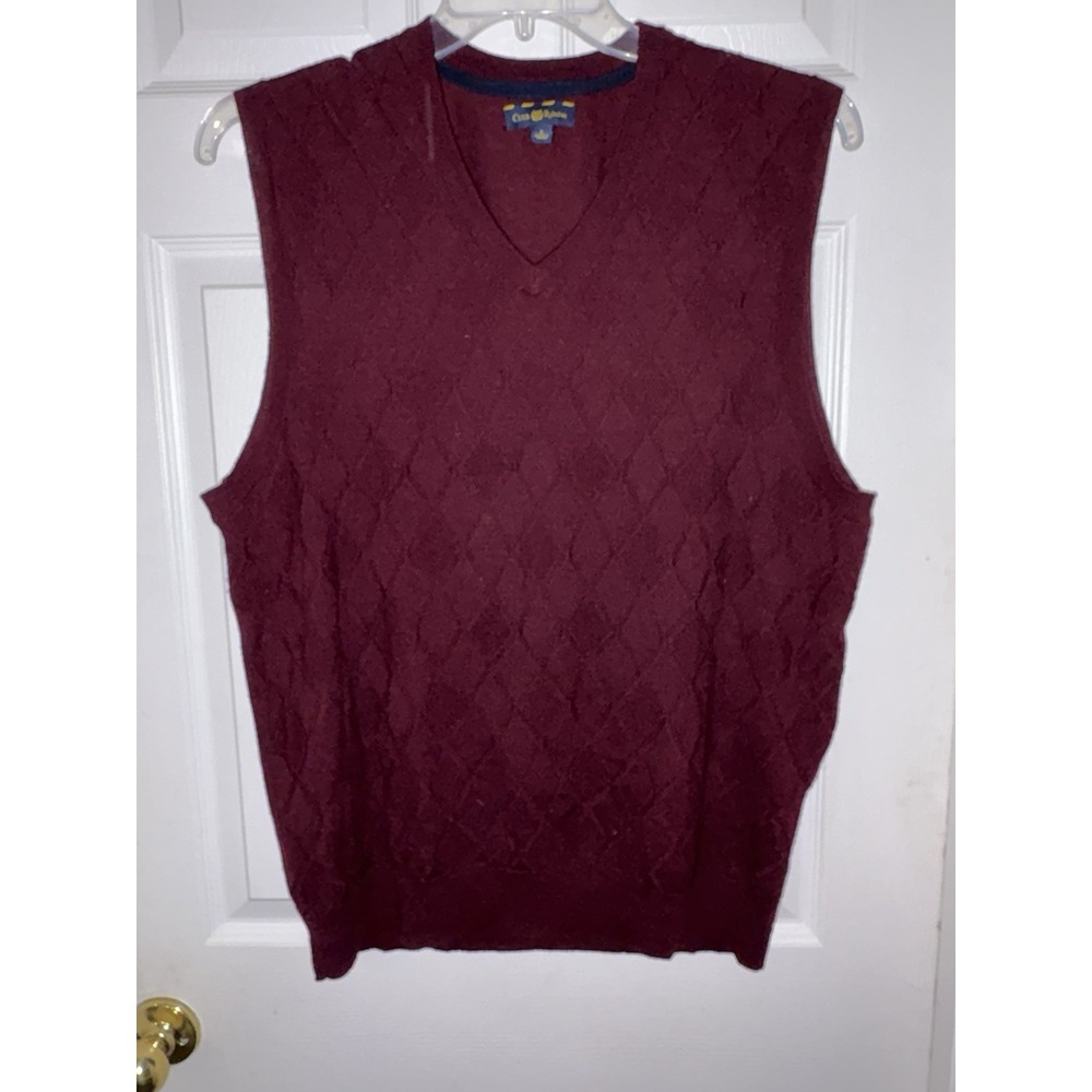 Club Room Men's Sweater Vest‎ L Burgundy V-Neck Preppy Golf Classic" Merino Wool